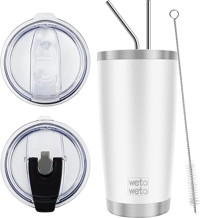 WETOWETO 20oz Tumbler with 2 lids and 2 straws, Stainless Steel Vacuum Insulated Water Coffee Tumbler Cup, Double Wall Powder Coated Spill-Proof Travel Mug Thermal Cup (White, 1 Pack) by Wetoweto