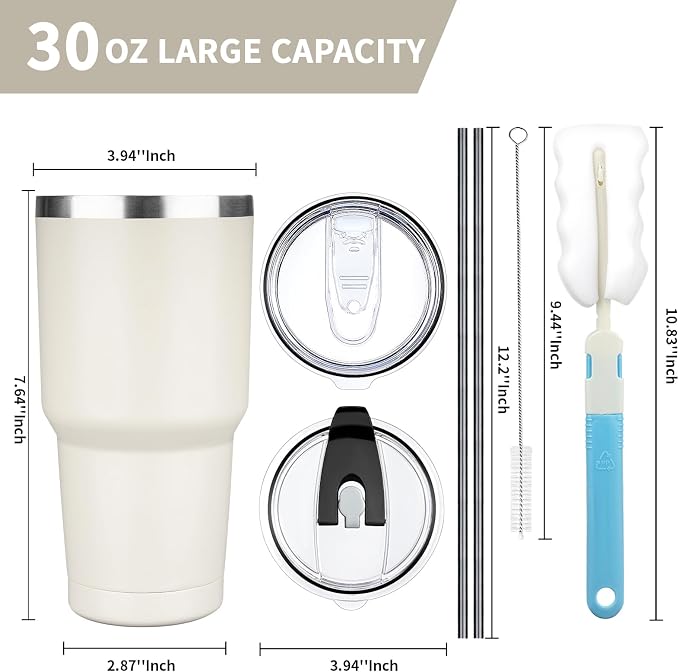 30 oz Tumbler with Lids and Straws, Stainless Steel Insulated Coffee Tumbler, Double Wall Vacuum Insulated Travel Mug Cup, Leakproof Thermal Coffee Cup for Hot and Cold Drinks (Cream) - Image 2