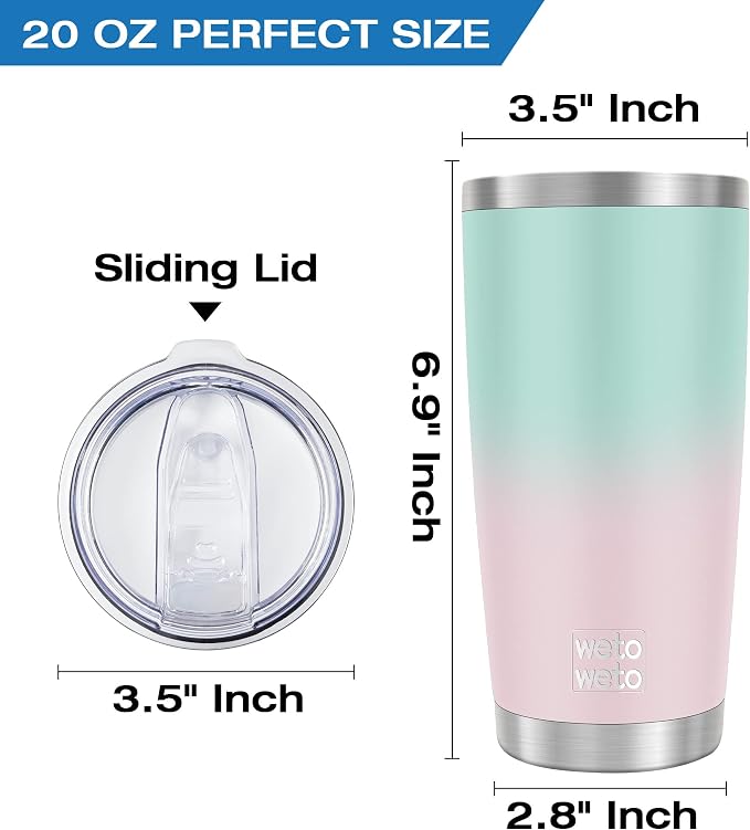 WETOWETO 20oz Insulated Stainless Steel Tumbler, Double Wall Vacuum Leak-proof Travel Coffee Mug, Powder Coated Water Cup (Green-Pink Gradient, 1 Pack) - Image 3