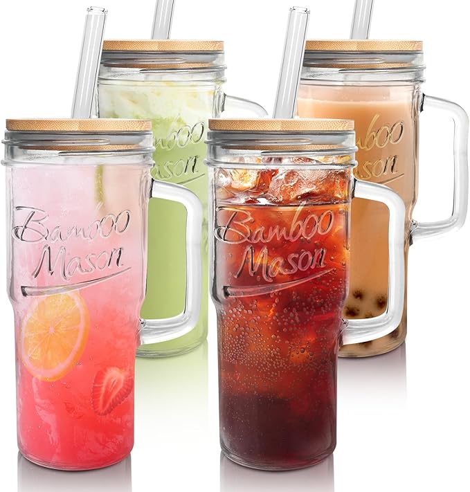ANOTION Glass Cups with Lids and Straws - 24 oz Tumbler with Handle Christmas Coffee Cups Glass Straws Mason Jar Cups Drinking Set Kitchen Essentials Coffee Bar House Warming Gifts New Home by ANOTION
