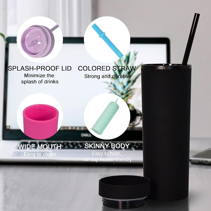 sweet grain Multicolor Skinny Tumblers with Lids and Straws(6 Pack) - 16oz Matte Pastel Colored Skinny Acrylic Tumblers, Double Wall Plastic Tall Skinny Tumblers Bulk for Cold Hot Drinks - Image 4