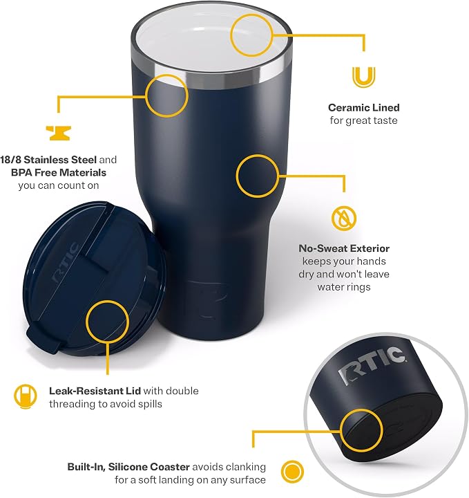 RTIC 40oz Essential Tumbler with Lid, Ceramic Lined, Insulated, Stainless Steel, Metal, Double Wall Vacuum-Insulation, Travel Cup for Iced Coffee, Tea, Hot and Cold Drink, Navy - Image 4