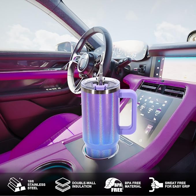 30 oz Shiny Tumbler with Handle and Straw,Stainless Steel Tumbler with Lid and Straw,Insulated Travel Mug(Cold for 34 Hours),Water Bottle for Iced Tea,Coffee (Purple) - Image 5