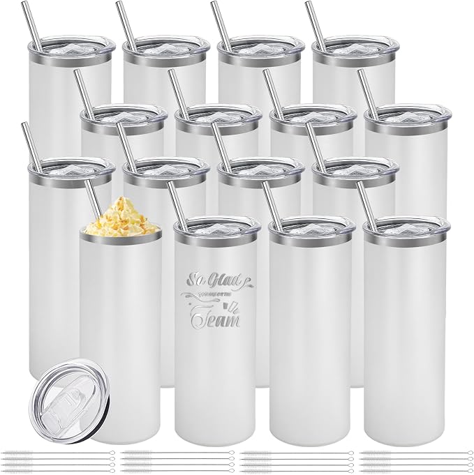 YOUKE OLA 16 Pack Stainless Steel Skinny Tumblers Bulk Straight Double Wall Powder Coated Insulated Tumbler with Lid and Straw for Laser Engrave, DIY Gift, 20oz White by YOUKEOLA