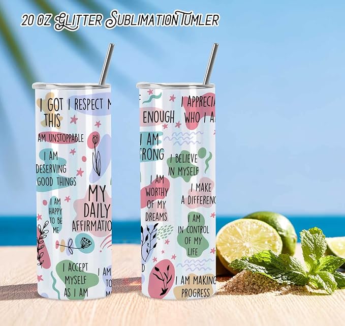Glitter Sublimation Tumblers 20 Oz Skinny Straight, 8 Pack Stainless Steel Sublimation Glitter Shimmer Tumbler Blanks, Individually Boxed, White - Image 4