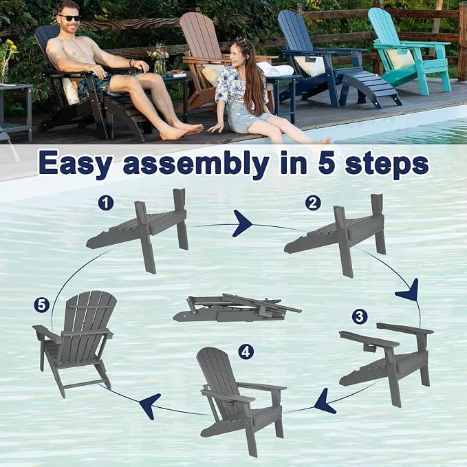 Folding Adirondack Chair with Cup Holder, HDPE Patio Chairs, All-Weather - Image 8