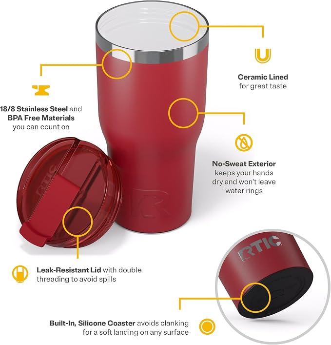 RTIC 30oz Essential Tumbler with Lid, Ceramic Lined, Insulated, Stainless Steel, Metal, Double Wall Vacuum-Insulation, Travel Cup for Iced Coffee, Tea, Hot and Cold Drink, Flag Red - Image 4