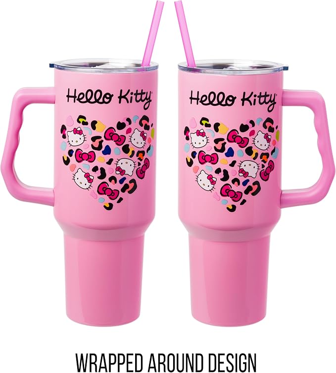 Silver Buffalo Sanrio Hello Kitty Leopard Jungle Cat Print and Bows Heart Double Walled Stainless Steel Tumbler with Handle and Straw, Fits in Standard Cup Holder, 40 Ounces - Image 5