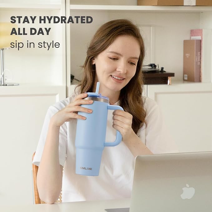 30 oz Tumbler with Handle, Tumbler with Lid and Straw, Double Wall Vacuum Insulated Travel Mug Stainless Steel Tumbler for Hot and Cold, Cupholder Friendly (Blue) - Image 6