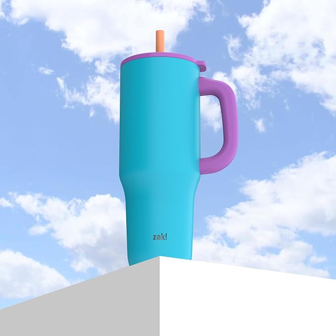 Zak Designs Sutton Travel Tumbler for On the Go, 40oz Stainless Steel with Vacuum Insulation, Silicone Straw, and Carry Handle for Cold Drinks (Turquoise) - Image 3