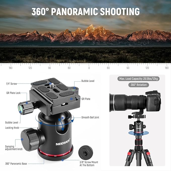 NEEWER 66"/168cm Carbon Fiber Tripod - Image 4