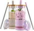 Pandaloo® Glass Cups With Lids and Straws -20 Fl Oz- Perfect Size Iced Coffee Cup - Smoothie Cup With Bamboo Lid and On the go Lid - Glass Tumbler (2 Count (Pack of 1), Lilac-Creamy Mushroom) by Pandaloo