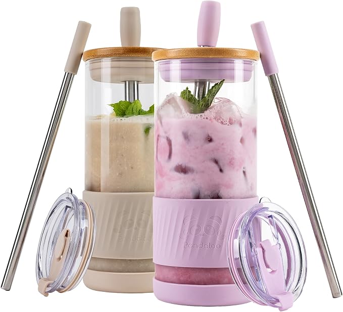 Pandaloo® Glass Cups With Lids and Straws -20 Fl Oz- Perfect Size Iced Coffee Cup - Smoothie Cup With Bamboo Lid and On the go Lid - Glass Tumbler (2 Count (Pack of 1), Lilac-Creamy Mushroom) by Pandaloo
