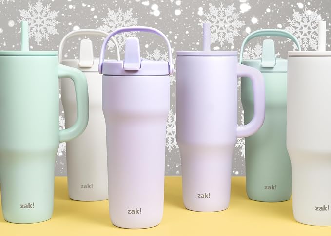 Zak Designs Sutton Travel Tumbler for On the Go, 40oz Stainless Steel with Vacuum Insulation, Silicone Straw, and Carry Handle for Cold Drinks (Smoky Lilac Purple) - Image 11