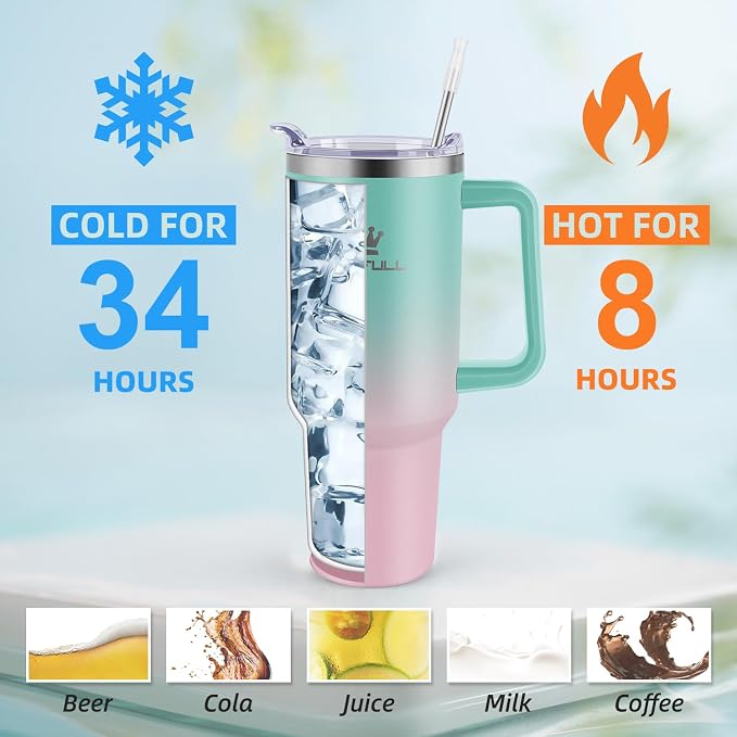 40 oz Tumbler with Handle and Straw Lid, 100% Leak-proof Travel Coffee Mug, Stainless Steel Insulated Cup for Hot Cold Beverages, Keeps Cold for 34Hrs or Hot for 10Hrs, Dishwasher Safe (GreenPink) - Image 4