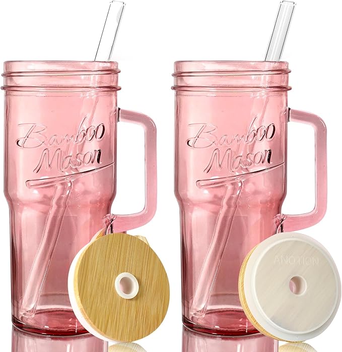 ANOTION Glass Cups with Handle, 24oz Glass Cups with Lids and Straws Travel Coffee Mug Bamboo Mason Jar Iced Cup Smoothie Tea Clear Cute Water Drinking Jars Glasses by ANOTION