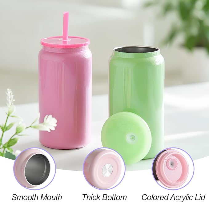 6 Pack Glass Cups with Lids and Straws Unbreakable 16 oz Stainless Steel Can Cup Double Wall Insulated Beer Can Tumbler for Iced Coffee, Juice, Soda, Iridescent-Colored - Image 6