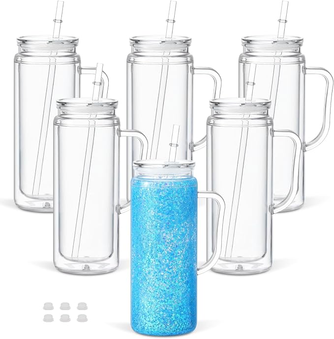 20 Oz Acrylic Snow Globe Tumbler Cup with Handle, Double Wall Plastic Snowglobe Tumbler with Pre-Drilled Hole and Plug for Glitter DIY, 6 Pack by Unknown