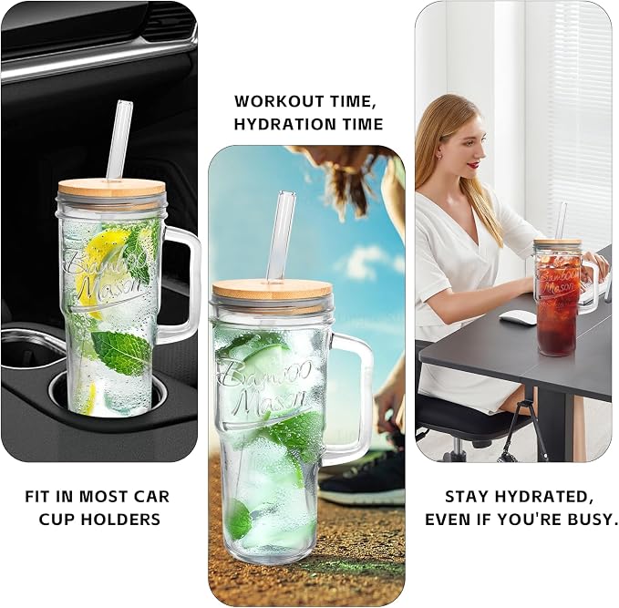 ANOTION Glass Cups with Lids and Straws - 24oz Tumbler with Handle Coffee Cups Glass Straws Glasses Mason Jar Cups Drinking Set Kitchen Essentials Coffee Bar Accessories House Warming Gifts New Home - Image 5