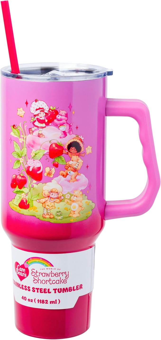 Silver Buffalo Care Bears and Strawberry Shortcake Ombre Double Walled Stainless Steel Tumbler with Handle, Fits in Standard Cup Holder, 40 Ounces by SilverBuffalo