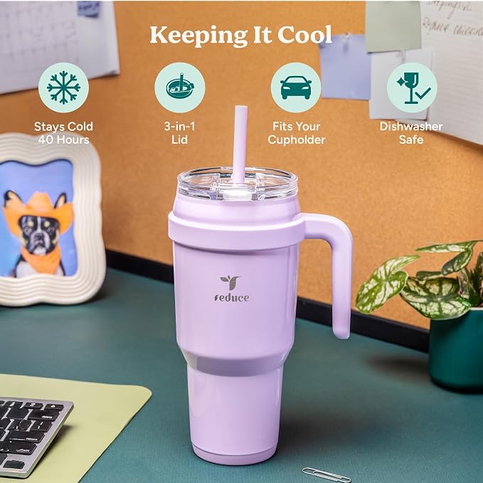 REDUCE 40 oz Stainless Steel Tumbler with Handle - Dual-Wall Vacuum Insulated Travel Mug, Sweat-Proof Lid & Reusable Straw - Keeps Drinks Cold for 24 Hrs, Fits Cupholders, Dishwasher Safe - Palm Leaf - Image 3