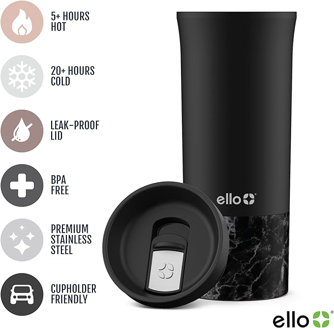 Ello Miri 16oz Vacuum Insulated Stainless Steel Travel Mug, Leak-Proof Slider Lid, Keeps Hot for 5 Hours, Perfect for Coffee or Tea, BPA-Free, Fits Most Cupholders, Holiday Gift, Black - Image 3