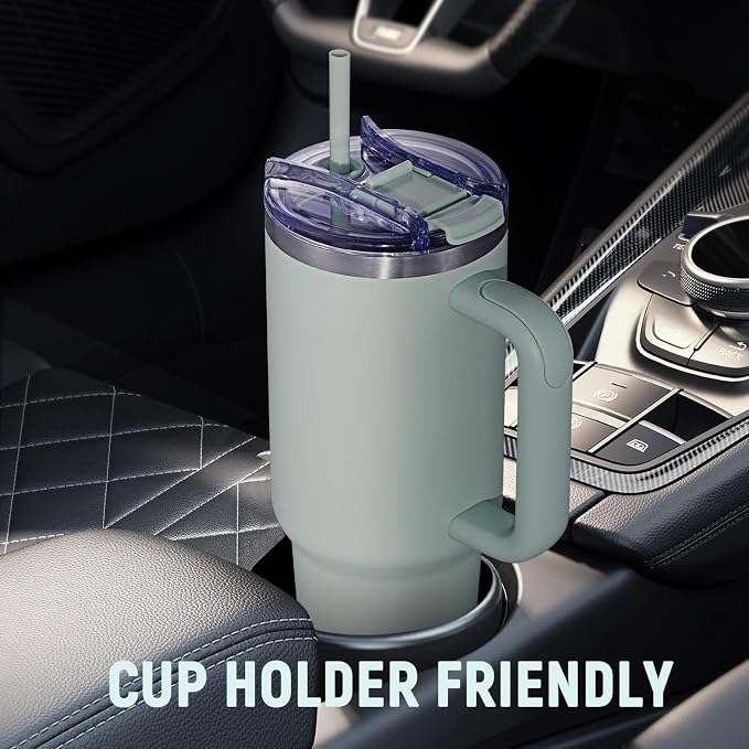40 oz Tumbler with Handle and Straw Lid,Insulated Reusable Stainless Steel Water Bottle Travel Mug，Cupholder Friendly Double Wall Vacuum Sealed Cup (Shale) - Image 5