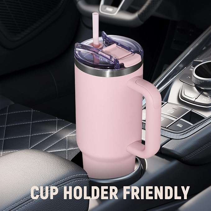 40 oz Tumbler with Handle and Straw Lid,Insulated Reusable Stainless Steel Water Bottle Travel Mug，Cupholder Friendly Double Wall Vacuum Sealed Cup (Pink) - Image 5