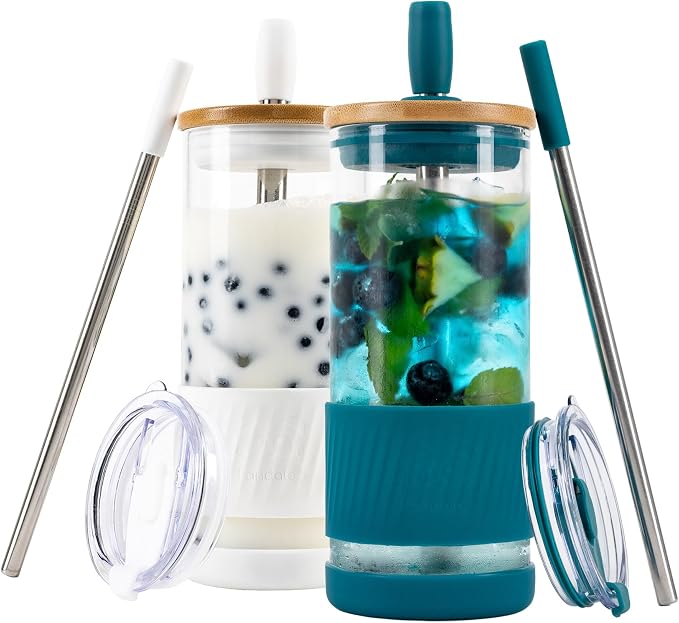 Pandaloo® Glass Cups With Lids and Straws -20 Fl Oz- Perfect Size Iced Coffee Cup - Smoothie Cup With Bamboo Lid and On the go Lid - Glass Tumbler (2 Count (Pack of 1), Coton White-Intense Teal) by Pandaloo