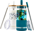 Pandaloo® Glass Cups With Lids and Straws -20 Fl Oz- Perfect Size Iced Coffee Cup - Smoothie Cup With Bamboo Lid and On the go Lid - Glass Tumbler (2 Count (Pack of 1), Coton White-Intense Teal) by Pandaloo