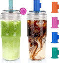 ANOTION 2pc Glass Tumbler with Lids and Straws, Leakproof 24oz Mason Jar Cups, Cap Cup Leak-Proof, Self-Assembly Silicone Straw, Reusable Iced Coffee Smoothie Matcha Cup Aesthetic Coffee Gifts Women by ANOTION