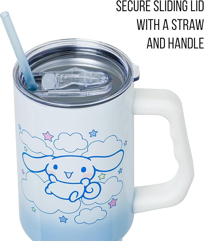 Silver Buffalo Sanrio Hello Kitty and Friends Featuring Cinnamoroll in Stars and Clouds Double Walled Stainless Steel Tumbler with Handle and Straw, Fits in Standard Cup Holder, 40 Ounces - Image 2