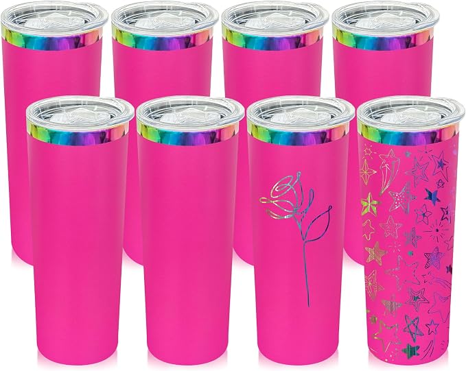 20 oz Skinny Tumblers Stainless Steel Tumbler with Lid and Straw Double Wall Vacuum Insulated Coffee Mug 20oz Powder Coated Cup for Hot and Cold Drinks(Rosy,8 pack) by FunTrans