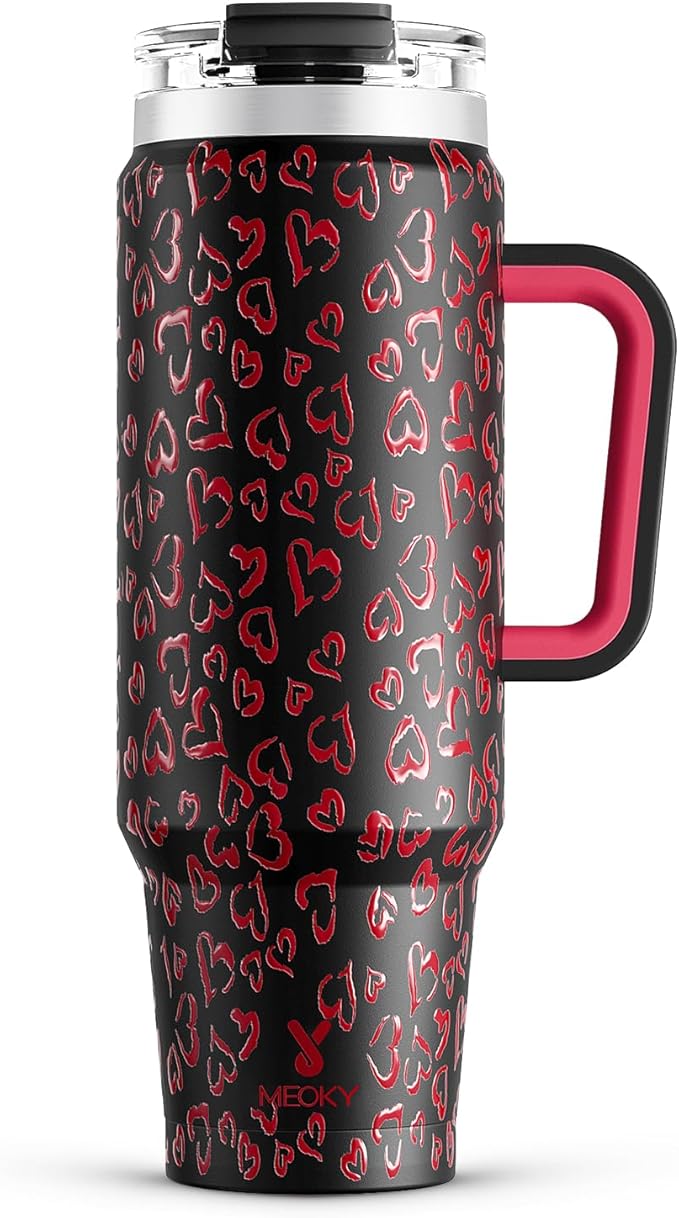 Meoky 40 oz Tumbler with Handle and Straw, Insulated Tumbler with Lid and Straw, Stainless Steel Travel Mug, Keeps Cold for 34 Hours, 100% Leak Proof, Fits in Car Cup Holder (Heart) by MEOKY