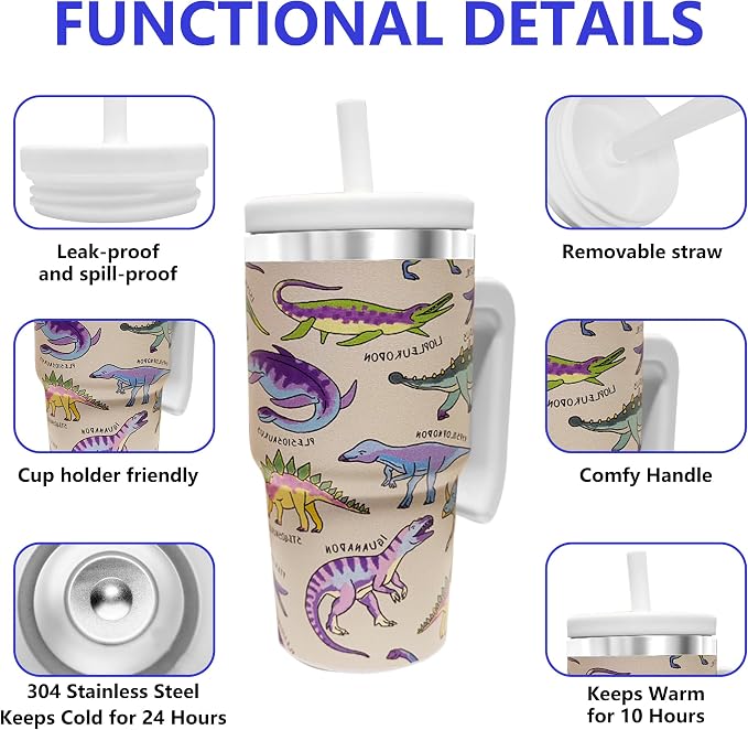 20-OZ Insulated Water Bottle,Insulated Stainless Steel Tumbler,Reusable Cold Drink Thermos,BPA-Free, Double-Wall Stainless Steel Water Bottle (Cream-Dinosaur, 20, Fluid Ounces) - Image 3