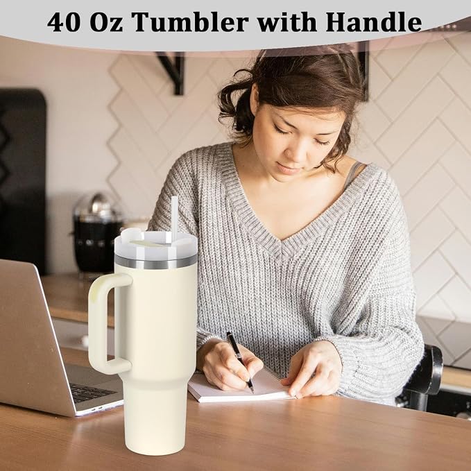 4 Pack 40 Oz Tumbler with Handle Bulk, Double Wall Vacuum Insulated Stainless Steel Tumbler with Lid and Straw, 40 oz cup with Silicone Spill Proof Stopper Set (Cream) - Image 7