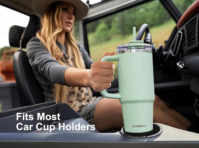 SUNWILL Coffee Tumbler with Handle, 30 oz Travel Mug with Lid and Straw Insulated, Stainless Steel Cup Leak Proof for Travel & Outdoor, Cupholder Friendly, Powder Coated Matcha Cream - Image 6