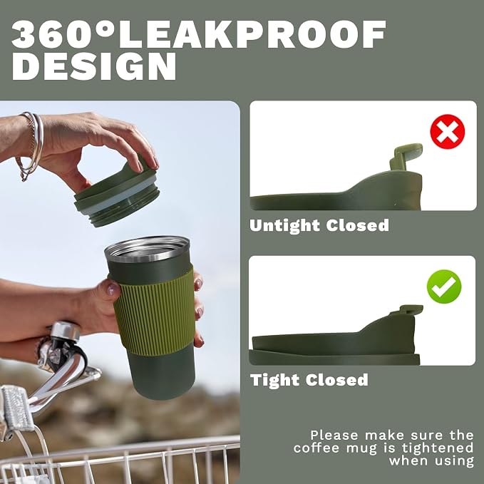 YINBAOGE Upgraded Insulated Travel Coffee Mug, Spill Proof & Leak Proof, Portable Camping Stainless Steel Tumbler, Reusable Thermal Coffee Cup with Lid for Hot & Cold Drinks (4th-Green, 15OZ) - Image 5