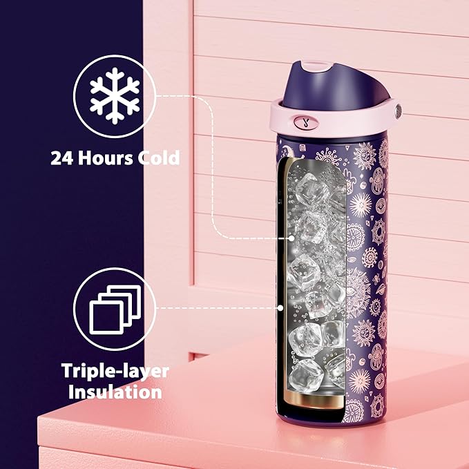 24 oz Insulated Water Bottle for Women: Meoky Stainless Steel Metal Water Bottle with 2-in-1 Straw and Spout Lid - Leak Proof, Cold for 24 Hours, Protective Silicone Base, BPA-Free for School, Arcana - Image 3
