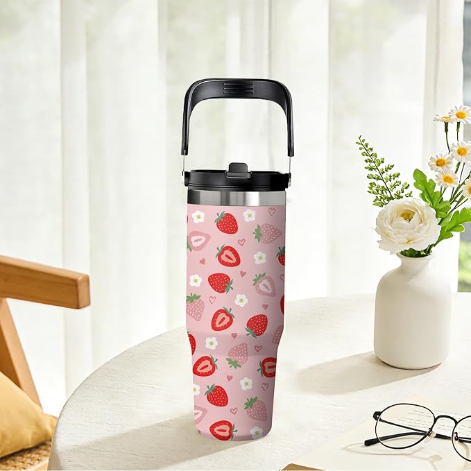 Red Strawberry Tumbler 30oz with Handle - Cute Strawberry Design Water Bottle, Insulated Stainless Steel Cup for Women & Girls, Leakproof Travel Mug, Sweet Birthday Gift for Her - Image 9