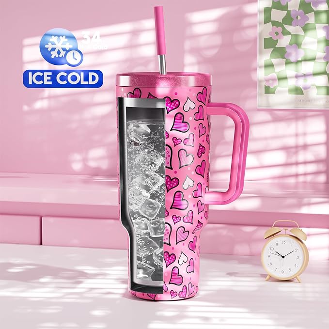 Meoky 40 oz Tumbler with Handle and Straw: Stainless Steel Insulated Tumbler with Lid and Straw - 100% Leak Proof Tumbler for Car Cup Holders - Travelers Commuters Workers, Blush Heart - Image 2