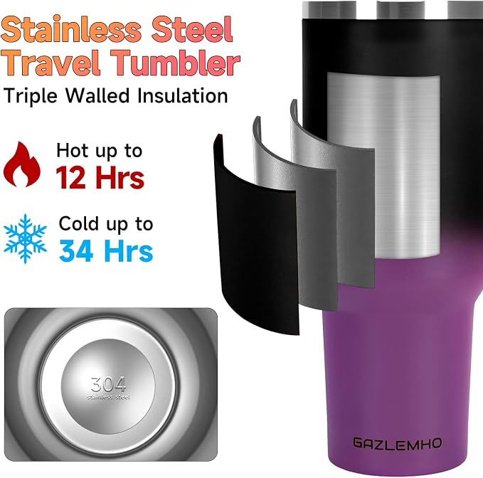 40oz Tumbler with Handle and Straw Spout 2-in-1 Lid, Spill Leak Proof Insulated Travel Cup Traveler Water Mug Keep Cold Hot, Dishwasher Safe Stainless Steel Bottle Gifts for Women Men, Black Purple - Image 3