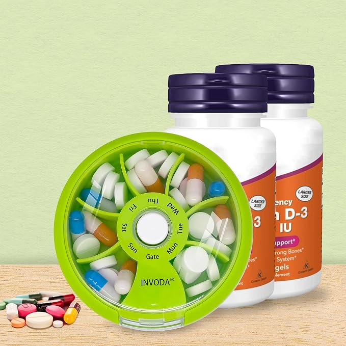 INVODA Weekly Pill Organizer 7 Compartment Rotating Pill Box - Image 6