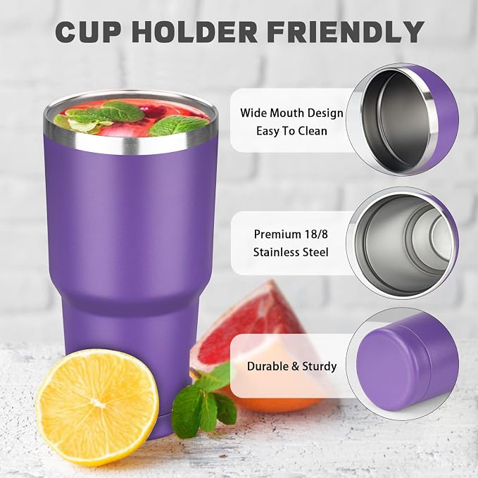 30 oz Tumbler with Lids and Straws, Stainless Steel Insulated Coffee Tumbler, Double Wall Vacuum Insulated Travel Mug Cup, Leakproof Thermal Coffee Cup for Hot and Cold Drinks (Purple) - Image 3