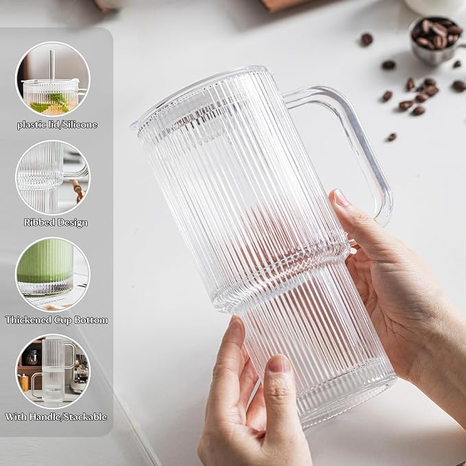 INSETLAN 24oz Ribbed Glass Tumbler with Handle & Lid – 2-Pack Large Iced Coffee Cups with Straws, Modern Glass Mug for Cold & Hot Beverages, Aesthetic Travel Cup for Smoothies, Tea, and Juice - Image 8
