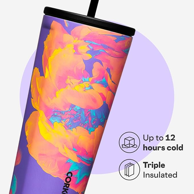 Corkcicle Cold Cup Insulated Tumbler with Straw - Keeps Drinks Cold for 12 Hours - Triple-Insulated Stainless Steel - Leak-Resistant Lid - Summer Drinkware Gift - 24 oz - Super Bloom - Image 3
