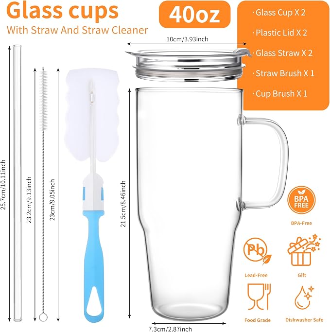 2Pack 40OZ Glass Tumbler with Handle,Glass Cup with Lid and Straw,Reusable Glass Iced Coffee Cup for Beer, Smoothies, Juice,Hot/Cold Drinks-Suitable for Birthday,Wedding,Christmas Gifts - Image 5
