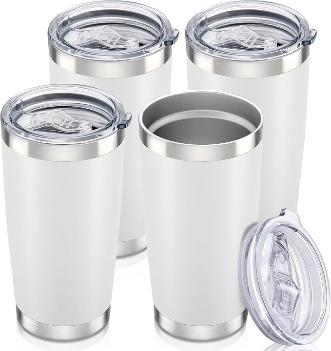 20 oz Tumbler with Lid Stainless Steel Insulated Tumblers Bulk Double Wall Vacuum Cups Powder Coated Travel Mug Keep Drinks Cold and Hot, White, 4 Pack by Orebigo