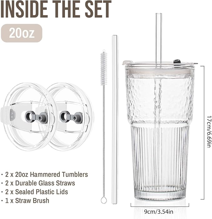 SoulTimes 20oz Glass Tumblers with Lids and Straws, Set of 2 - Stylish Ribbed Design Drinking Glasses for Iced Coffee Cups, Juice, Smoothies, Cold Beverages, Includes Cleaning Brush, Durable Glassware - Image 3