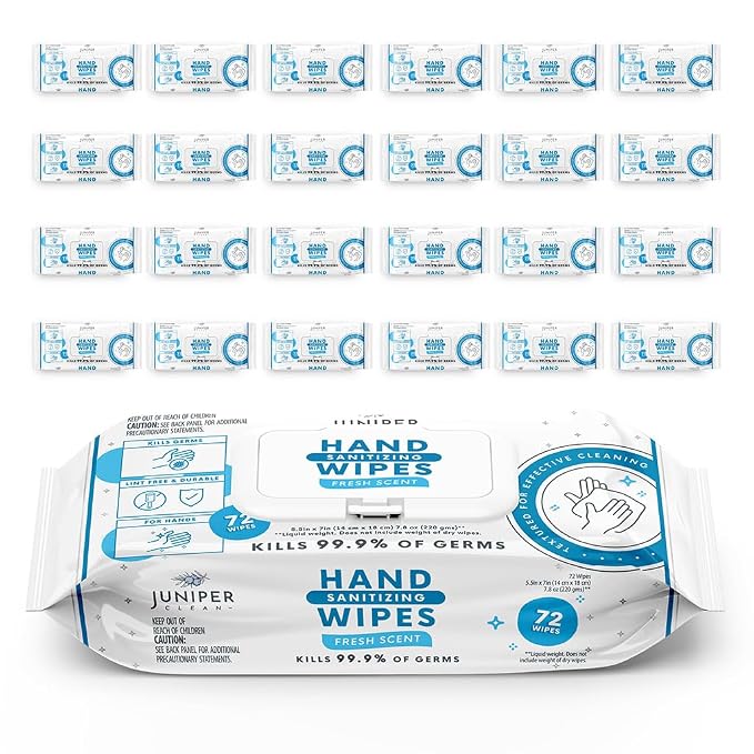 24 Pack Hand Sanitizing Wipes, Fresh Scent, Lint Free & Durable by JuniperCLEAN